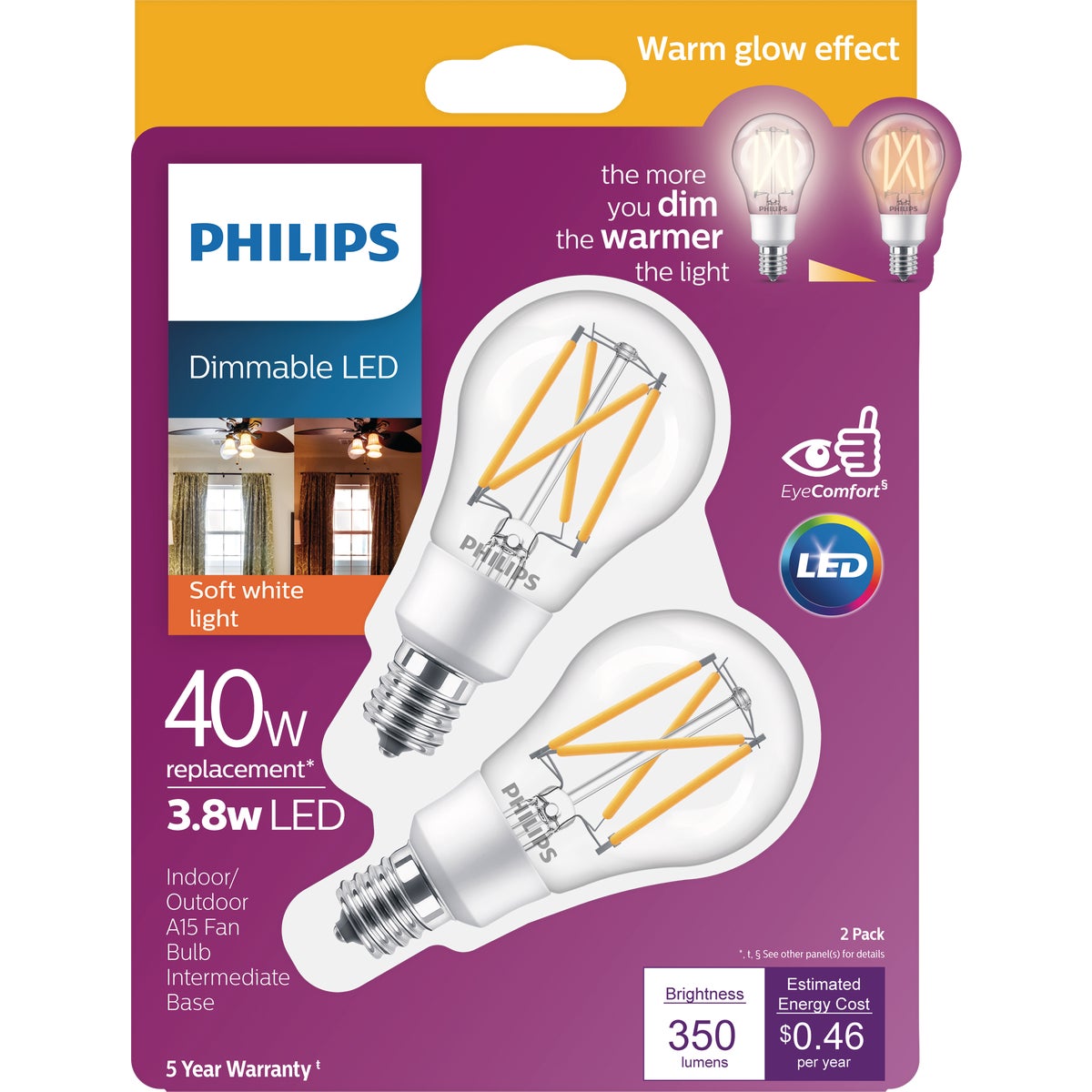 Philips Warm Glow 40W Equivalent Soft White A15 E17 Base Dimmable LED Light Bulb (2-Pack)