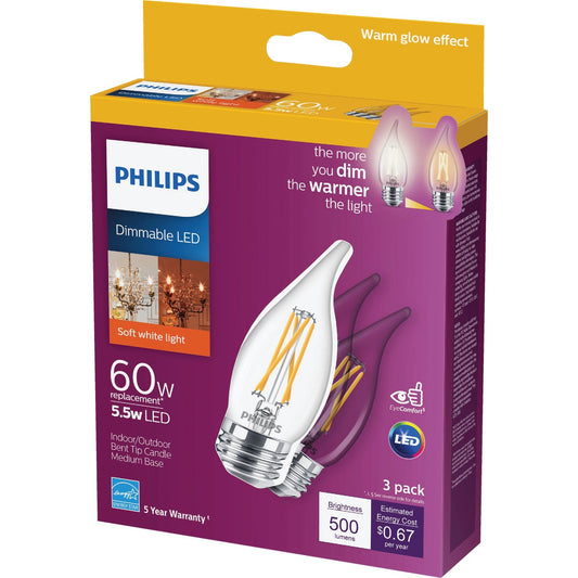 Philips Warm Glow 60W Equivalent Soft White BA11 Medium Dimmable LED Decorative Light Bulb (3-Pack)