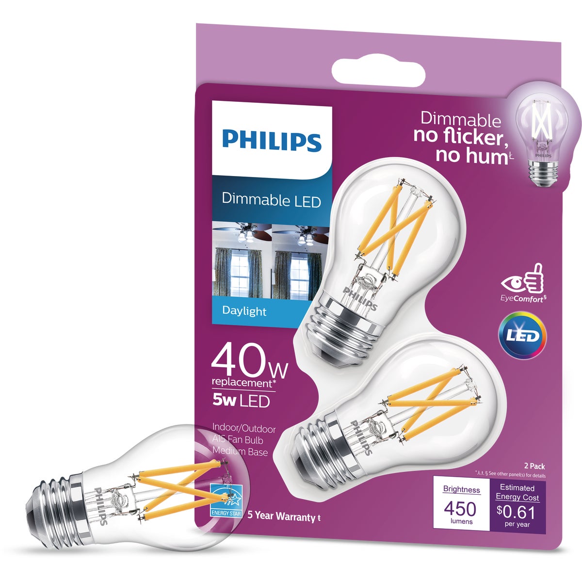 Philips 40W Equivalent Daylight A15 Medium Dimmable LED Light Bulb (2-Pack)