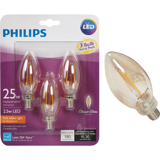 Philips Vintage Edison 25W Equivalent Soft White B11 Candelabra LED Decorative Light Bulb (3-Pack)