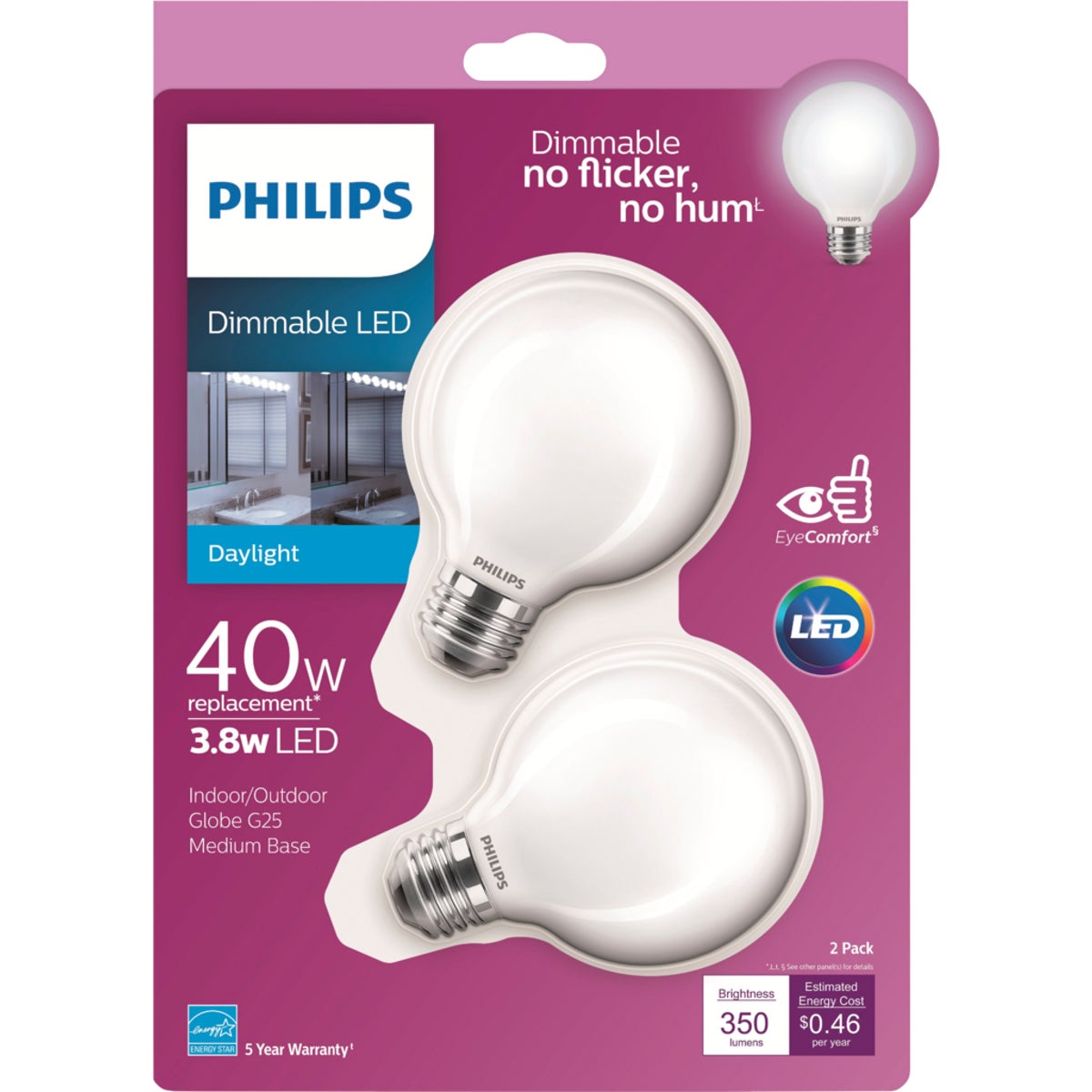 Philips 40W Equivalent Daylight G25 Medium Frosted LED Decorative Light Bulb (2-Pack)