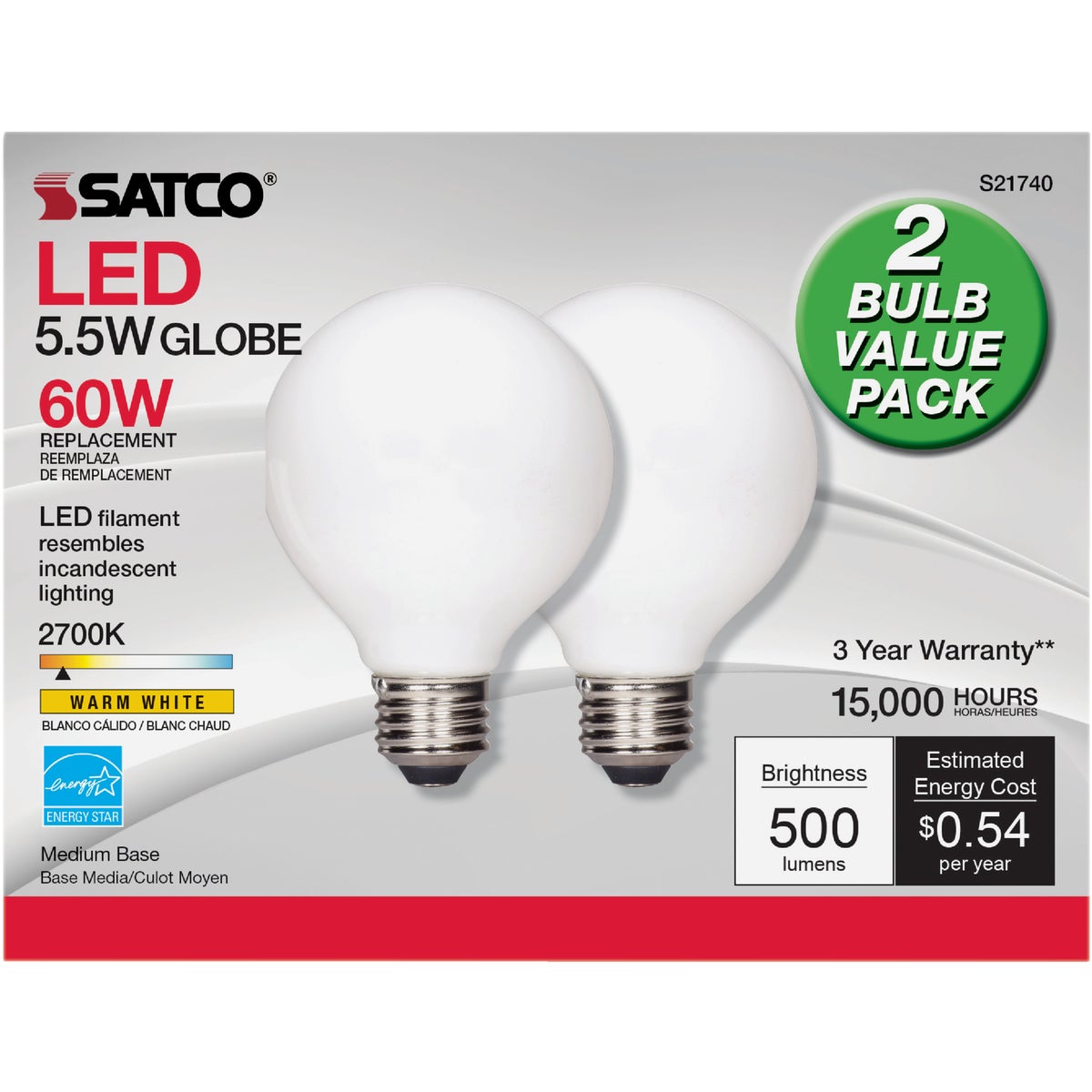 Satco Nuvo 60W Equivalent Warm White G25 Medium Frosted LED Decorative Light Bulb (2-Pack)