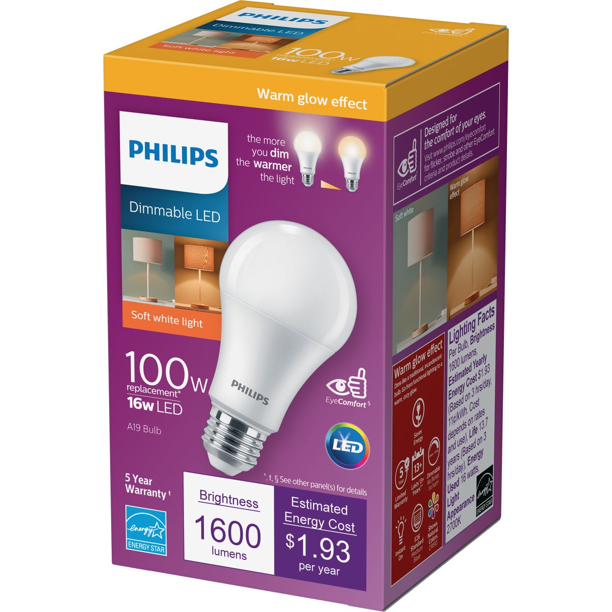 Philips Warm Glow 100W Equivalent Soft White A19 Medium Dimmable LED Light Bulb, Title 20 Compliant