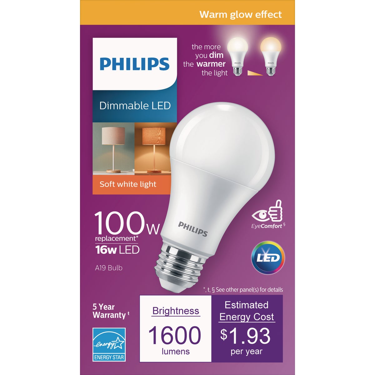 Philips Warm Glow 100W Equivalent Soft White A19 Medium Dimmable LED Light Bulb, Title 20 Compliant