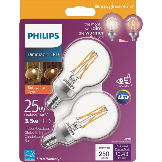 Philips Warm Glow 25W Equivalent Soft White G16.5 Candelabra Dimmable LED Decorative Light Bulb (2-Pack)