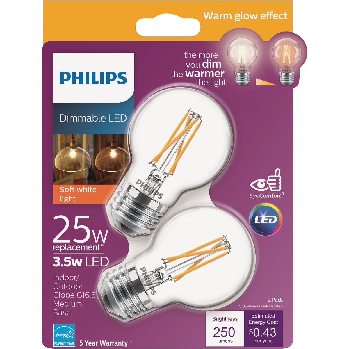 Philips Warm Glow 25W Eqivalent Soft White G16.5 Medium Dimmable LED Decorative Light Bulb (2-Pack)