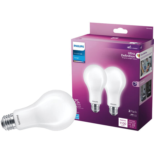 Philips Ultra Definition 75W Equivalent Daylight A19 Medium LED Light Bulb, Frosted (2-Pack)