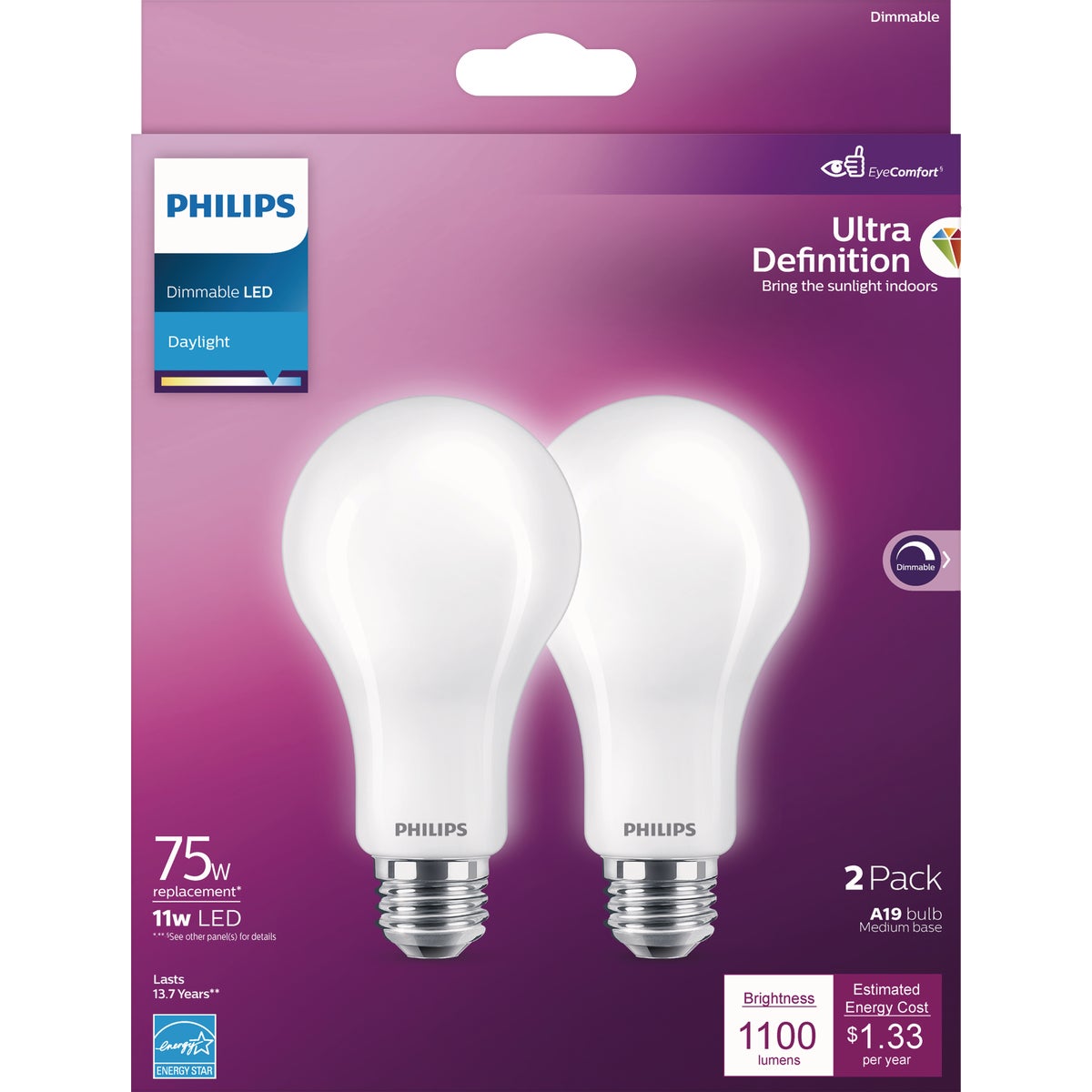 Philips Ultra Definition 75W Equivalent Daylight A19 Medium LED Light Bulb, Frosted (2-Pack)