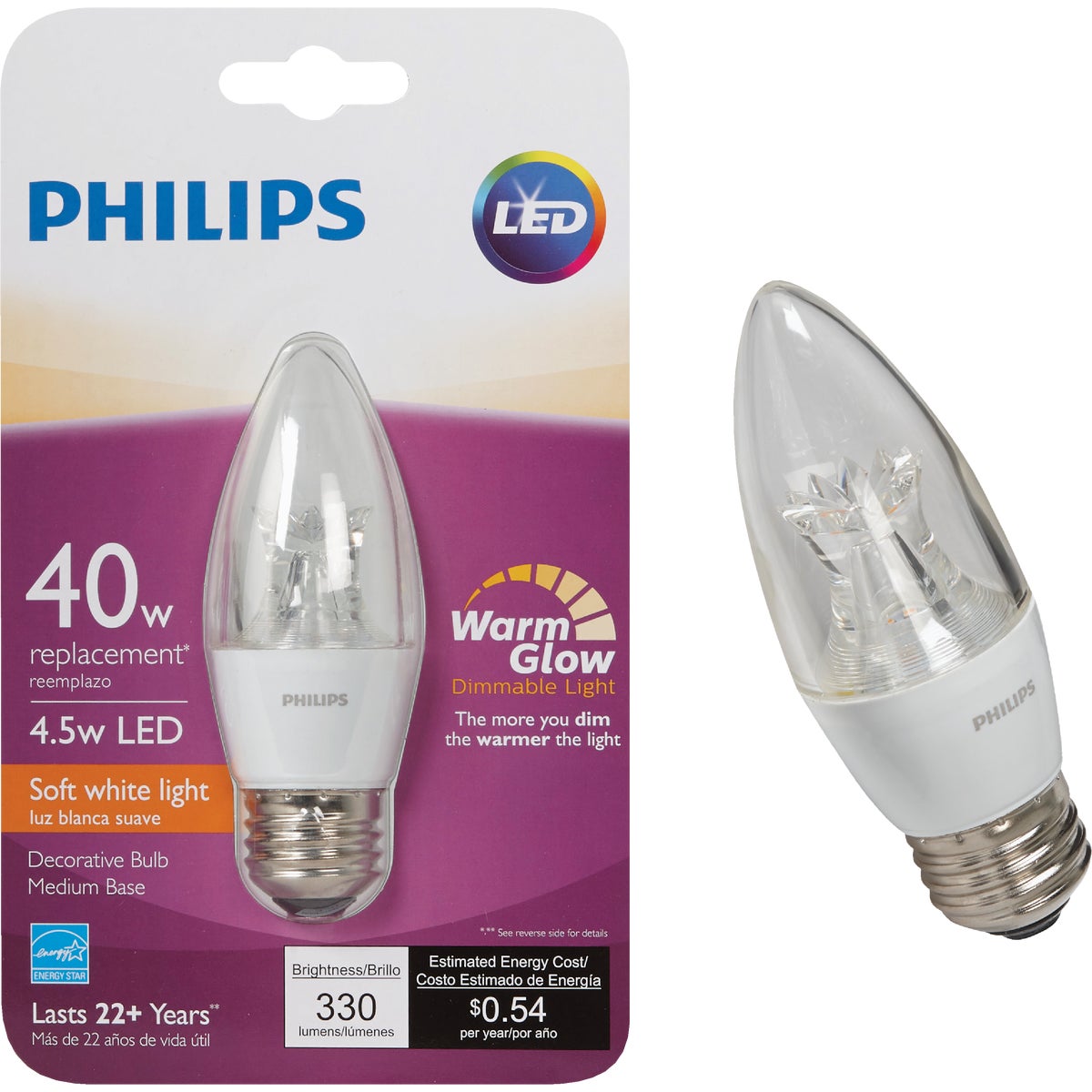 Philips Warm Glow 40W Equivalent Soft White B12 Medium Dimmable LED Decorative Light Bulb