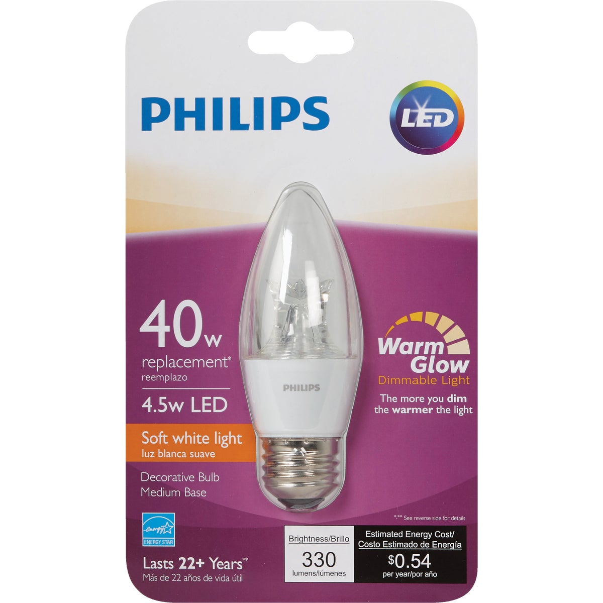 Philips Warm Glow 40W Equivalent Soft White B12 Medium Dimmable LED Decorative Light Bulb