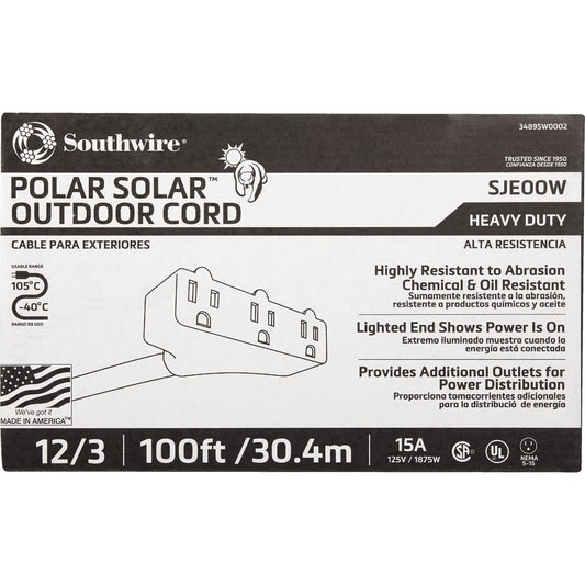 Coleman Cable Polar Solar 100 Ft. 12/3 Cold Weather 3-Outlet Extension Cord