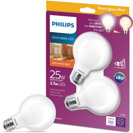 Philips Warm Glow 25W Equivalent Soft White G25 Medium Frosted Dimmable LED Decorative Globe Light Bulb (2-Pack)