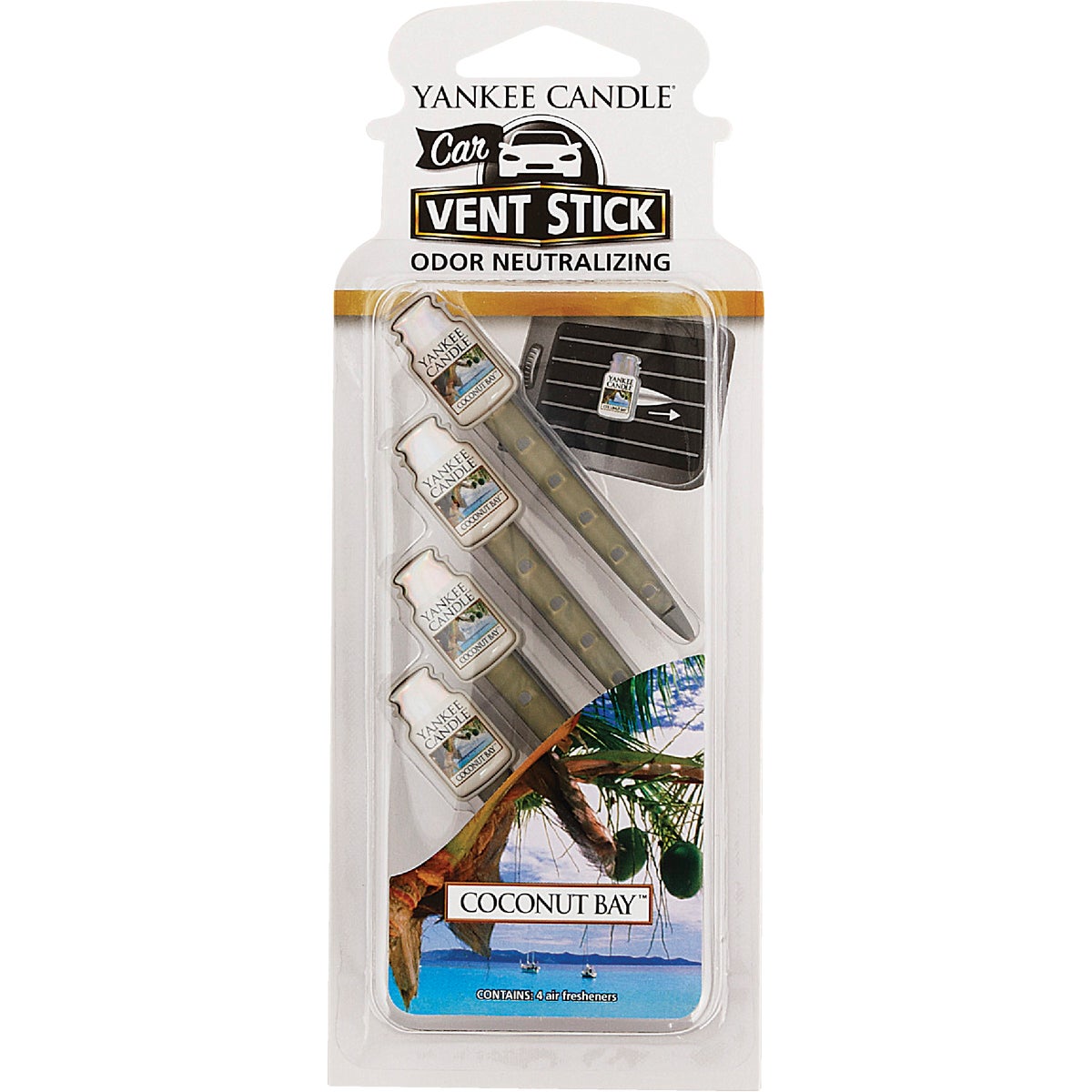 Yankee Candle Vent Stick Car Air Freshener, Coconut Bay (4-Pack)