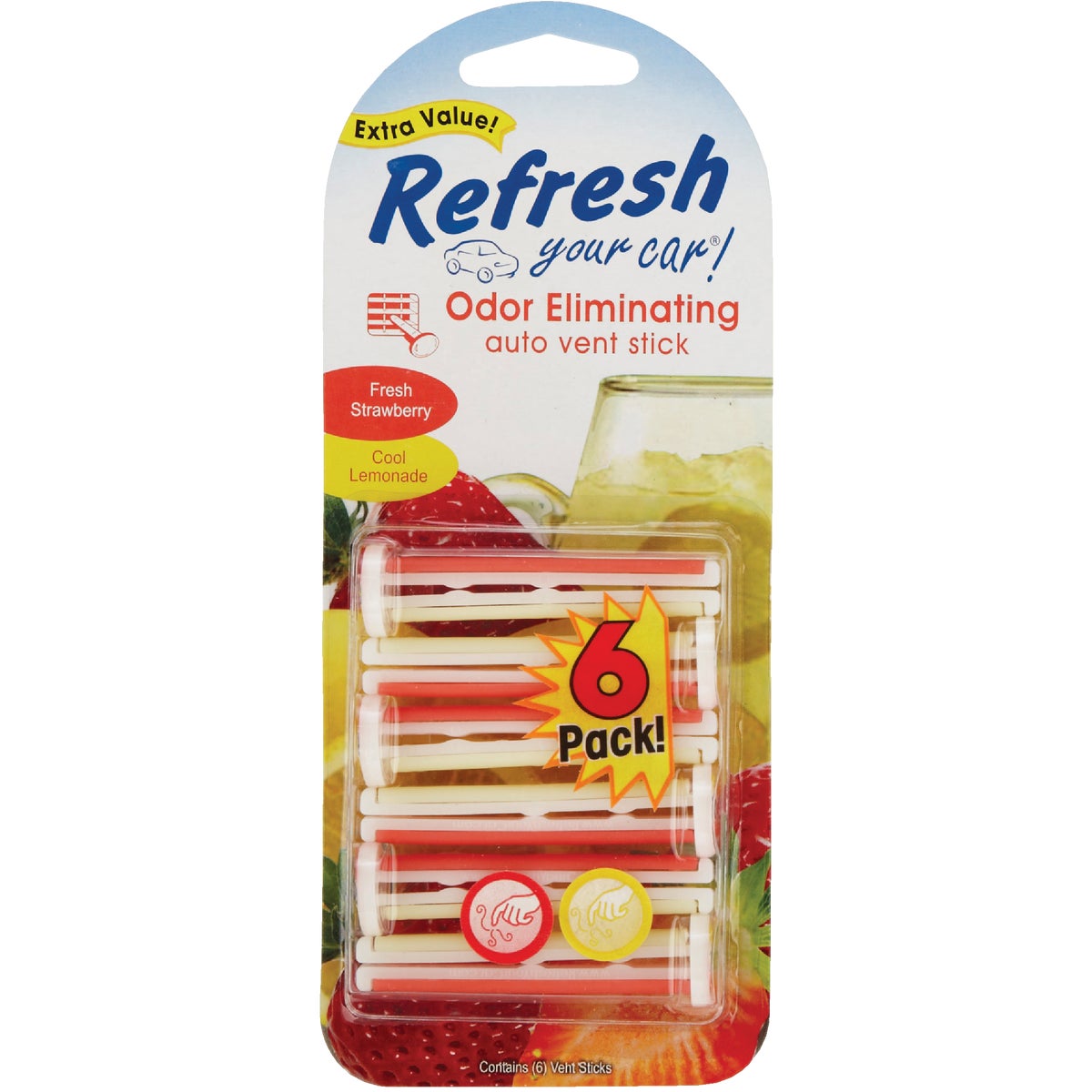 Refresh Your Car Vent Stick Car Air Freshener, Fresh Strawberry/Cool Lemonade (6-Pack)