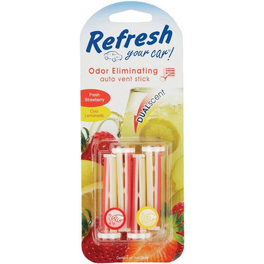 Refresh Your Car Vent Stick Car Air Freshener, Fresh Strawberry/Cool Lemonade (4-Pack)