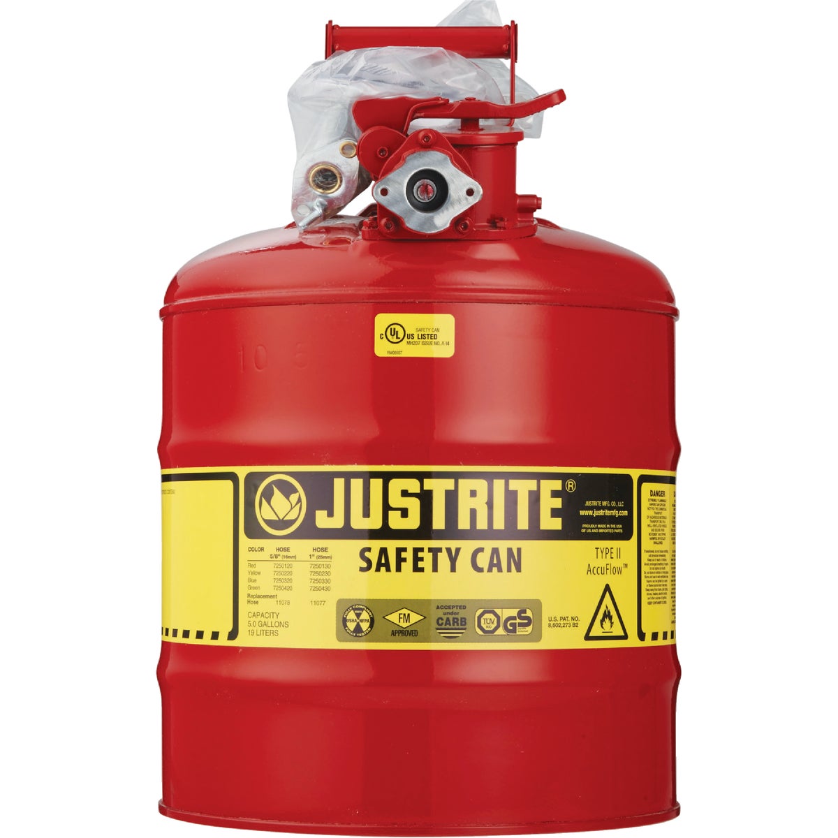 Justrite 5 Gal. Type II Galvanized Steel Safety Fuel Can, Red