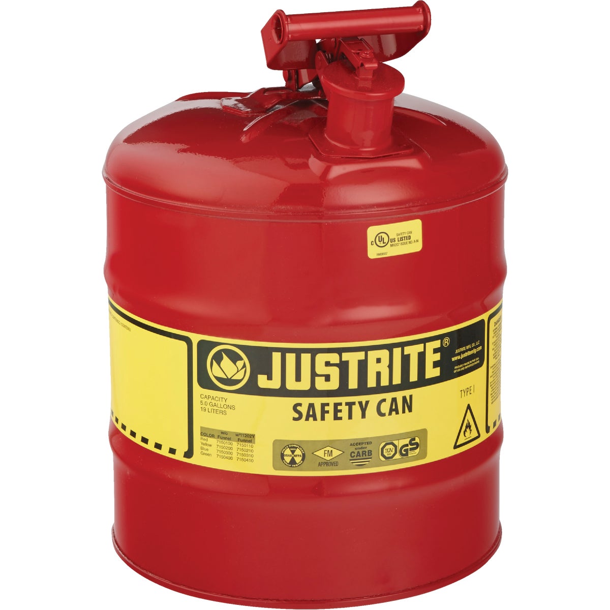 Justrite 5 Gal. Type I Galvanized Steel Safety Fuel Can, Red