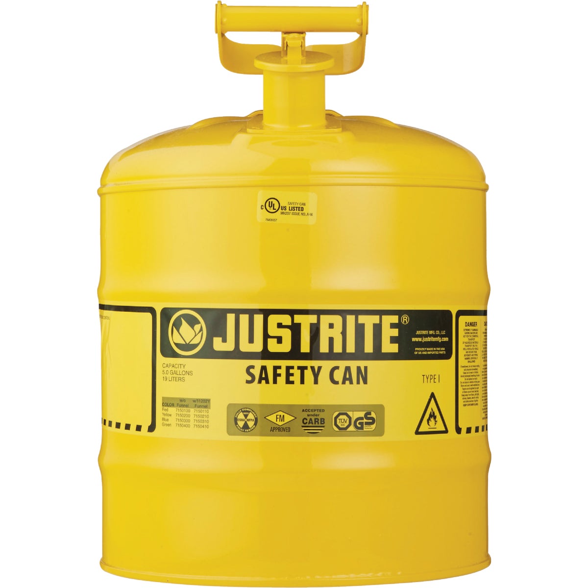 Justrite 5 Gal. Type I Galvanized Steel Safety Fuel Can, Yellow