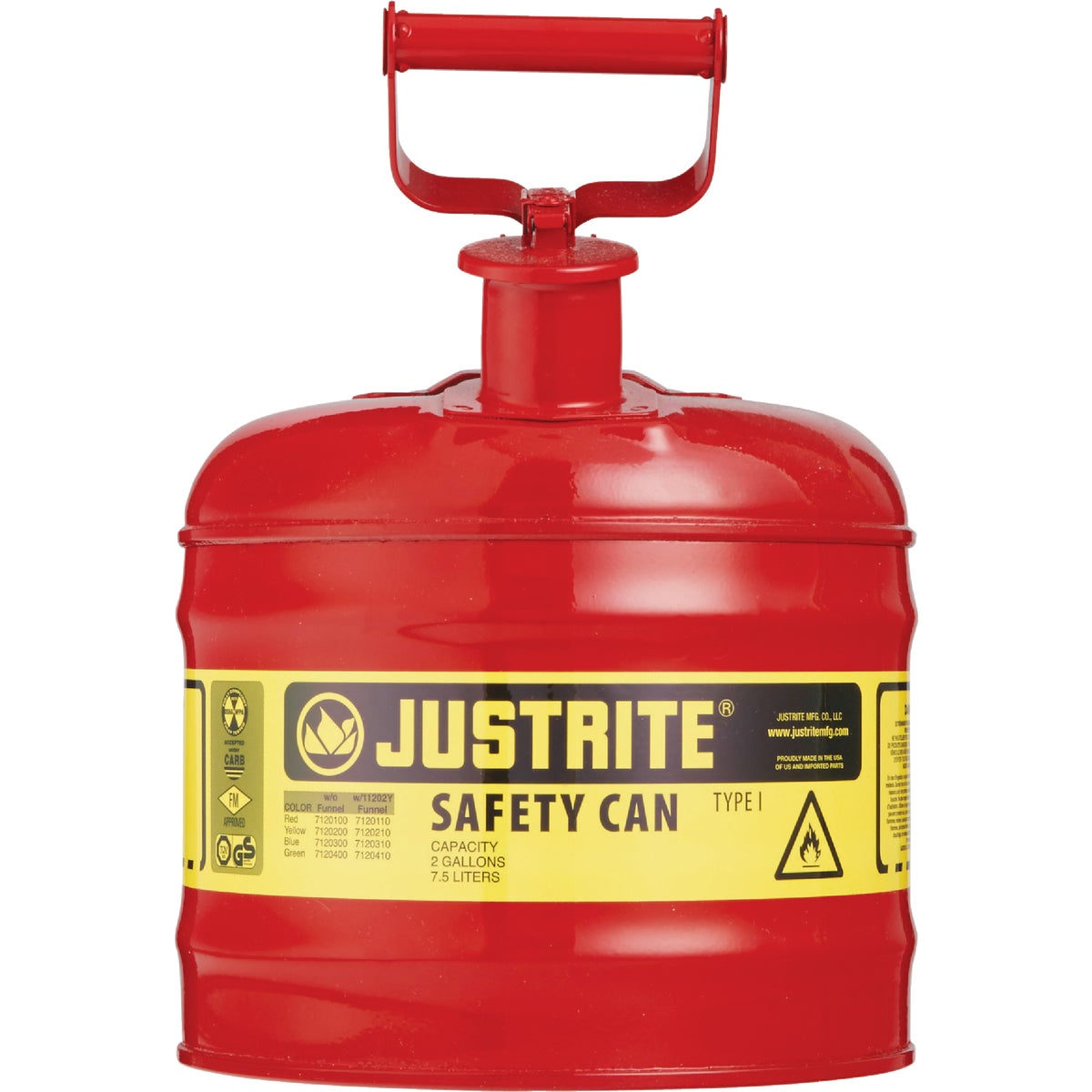 Justrite 2 Gal. Type I Galvanized Steel Safety Fuel Can, Red