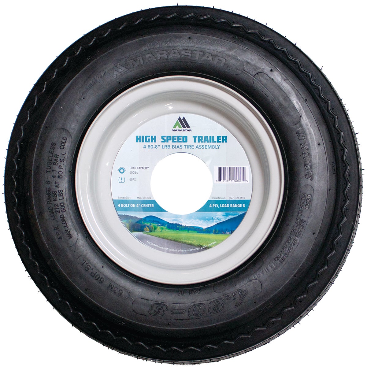 Marastar 4.80-8 In. Load Range B 4-Lug Trailer Tire and Wheel