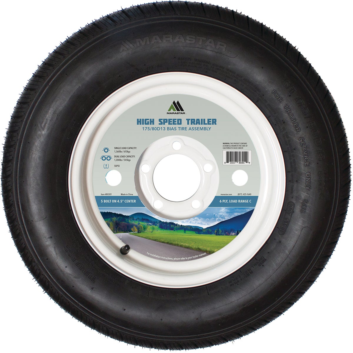 Marastar 175/80D13 Load Range C 5-Lug Trailer Tire and Wheel