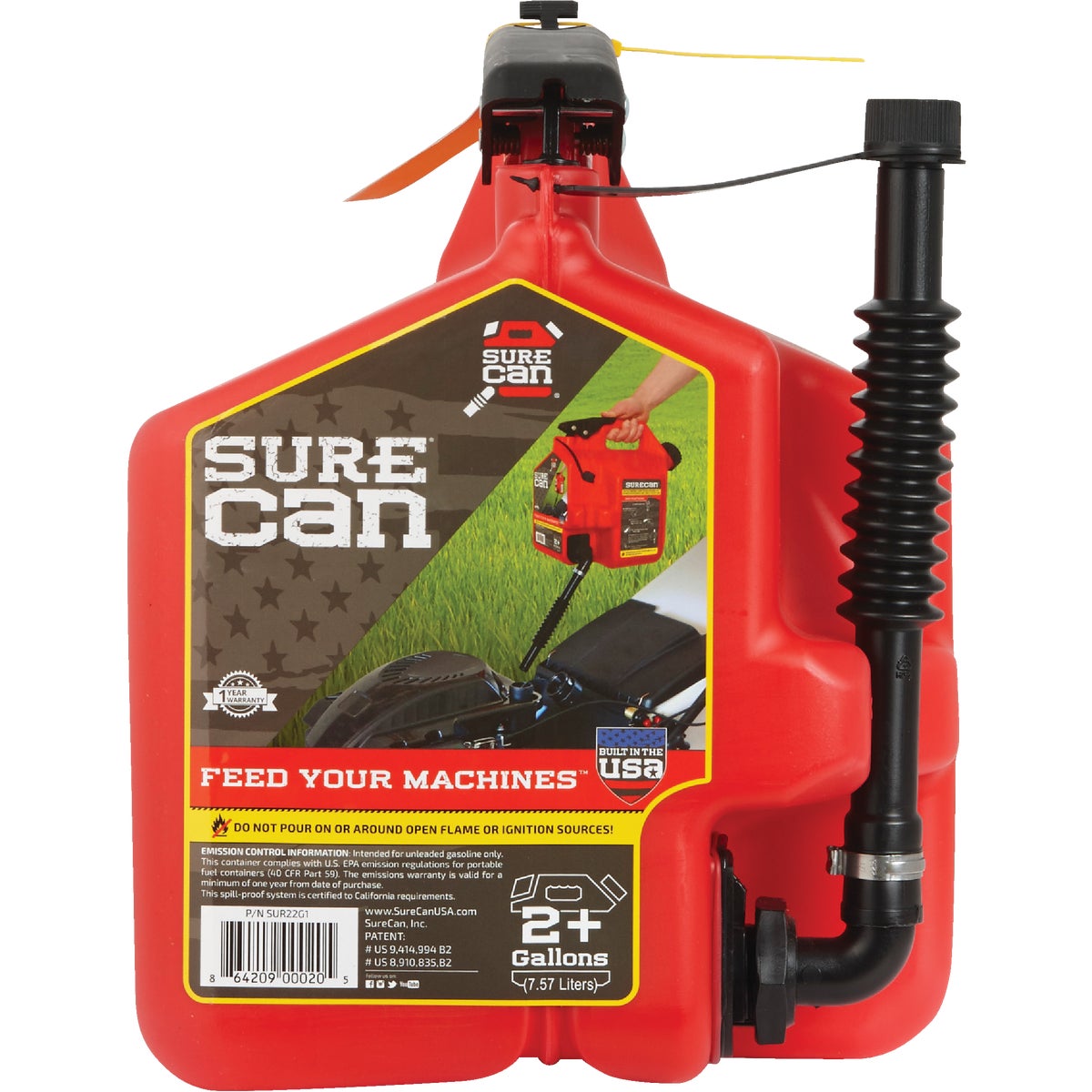 SureCan 2+ Gal. Plastic Gasoline Fuel Can, Red