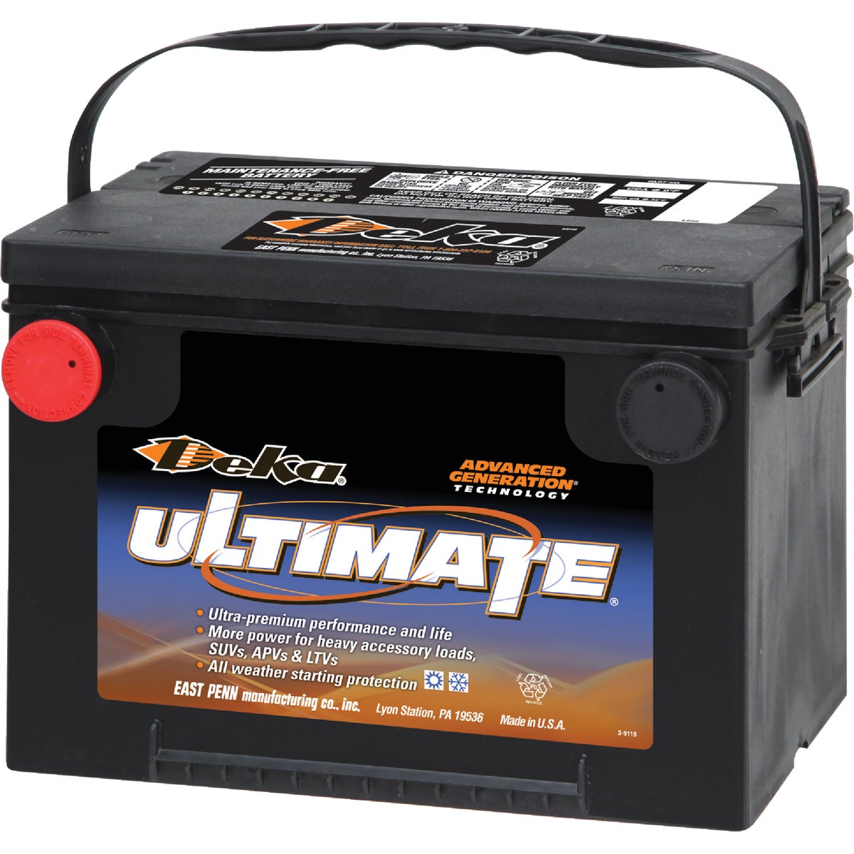 Deka Ultimate 12-Volt 800 CCA Automotive Battery, Side Post Left Front Positive Terminal