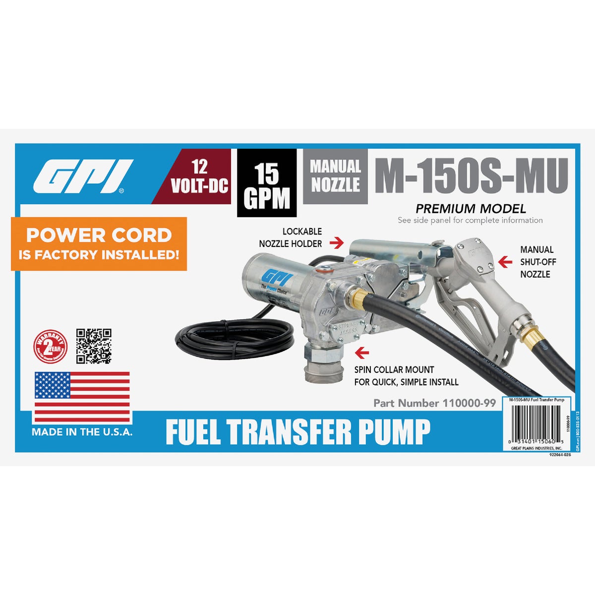 GPI 12V DC, 15 GPM Manual Fuel Transfer Pump