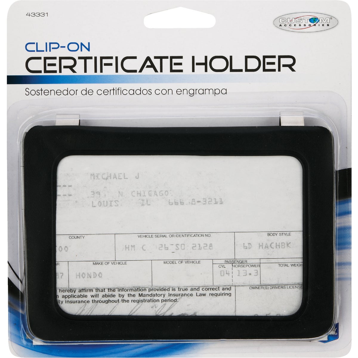 Custom Accessories Clip-On Car Certificate Holder