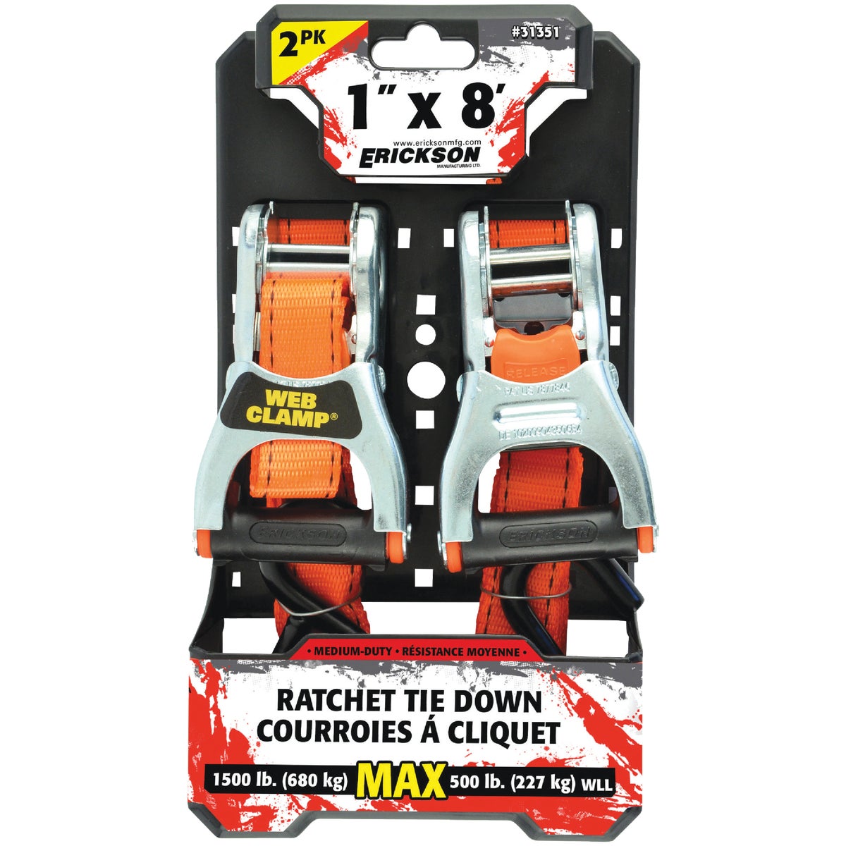 Erickson 1 In. x 8 Ft. Ratchet Strap with Web Clamp (2-Pack)