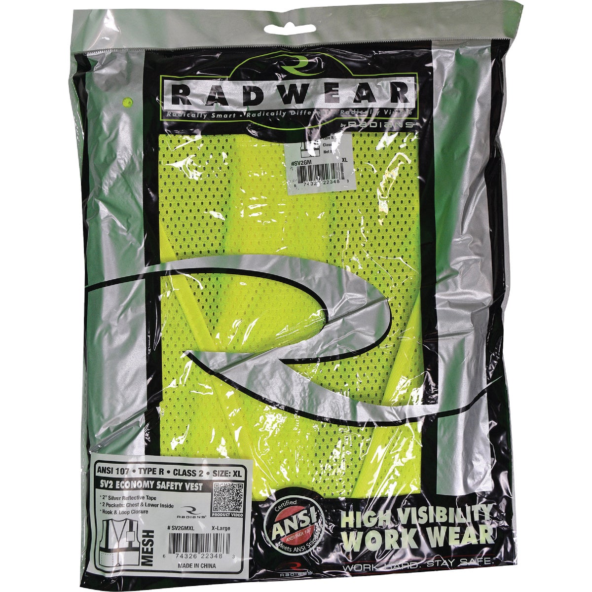 Radians Rad Wear ANSI Class 2 Hi Vis Green Safety Vest XL