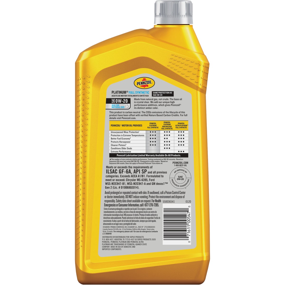 Pennzoil Platinum Full Synthetic SAE OW-20 Quart Motor Oil