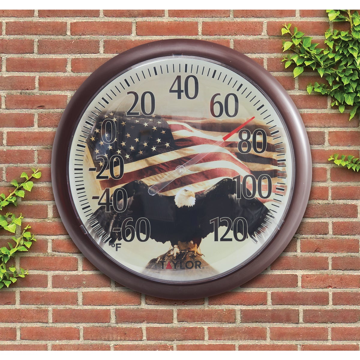 Taylor SpringField 13-1/4" Dia Plastic Dial Flag Indoor & Outdoor Thermometer