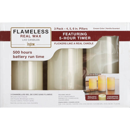 Inglow 3 In. Dia. Cream Wax Pillar Flameless Candle Set (3-Pack)