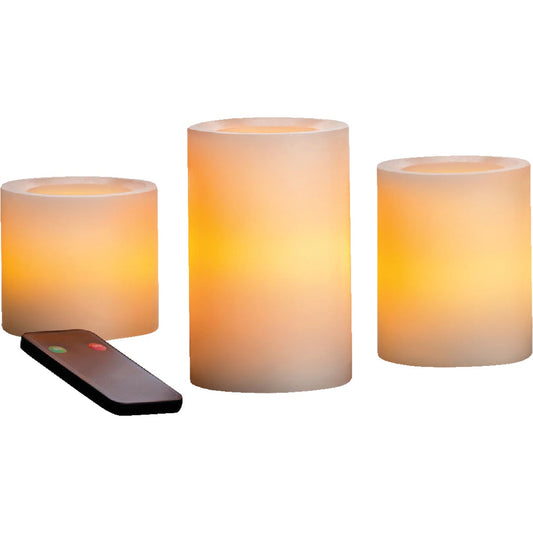 Inglow 3 In. Dia. Cream Wax Pillar Flameless Candle Set with Remote Control (3-Pack)