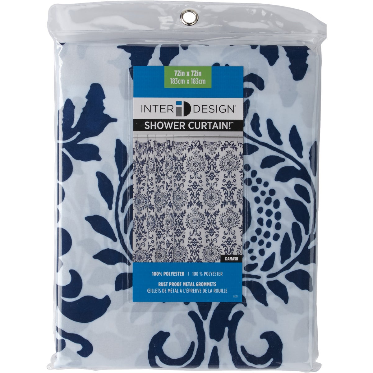 InterDesign York 72 In. x 72 In. Navy Damask 100% Polyester Graphic Fabric Shower Curtain