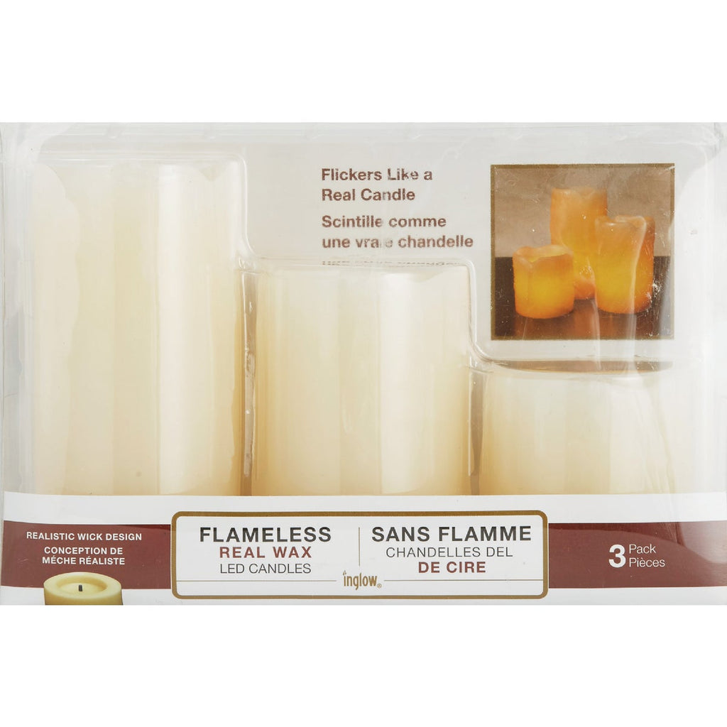 Inglow 2 In. Dia. Cream Wax Mini Pillar Flameless Candle Set (3-Pack)