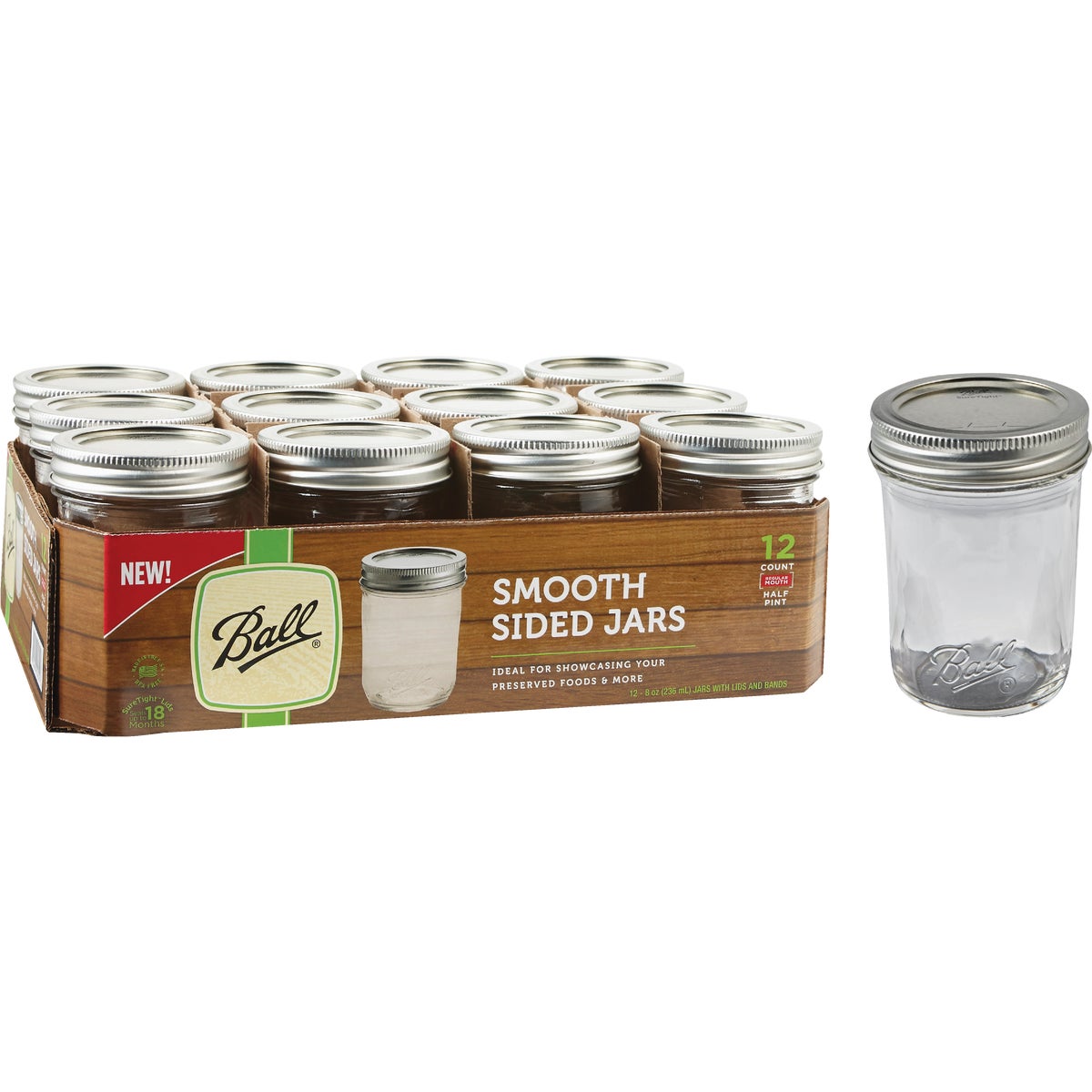 Ball 1/2 Pint Regular Mouth Smooth-Sided Silver Lid Canning Jar (12-Count)