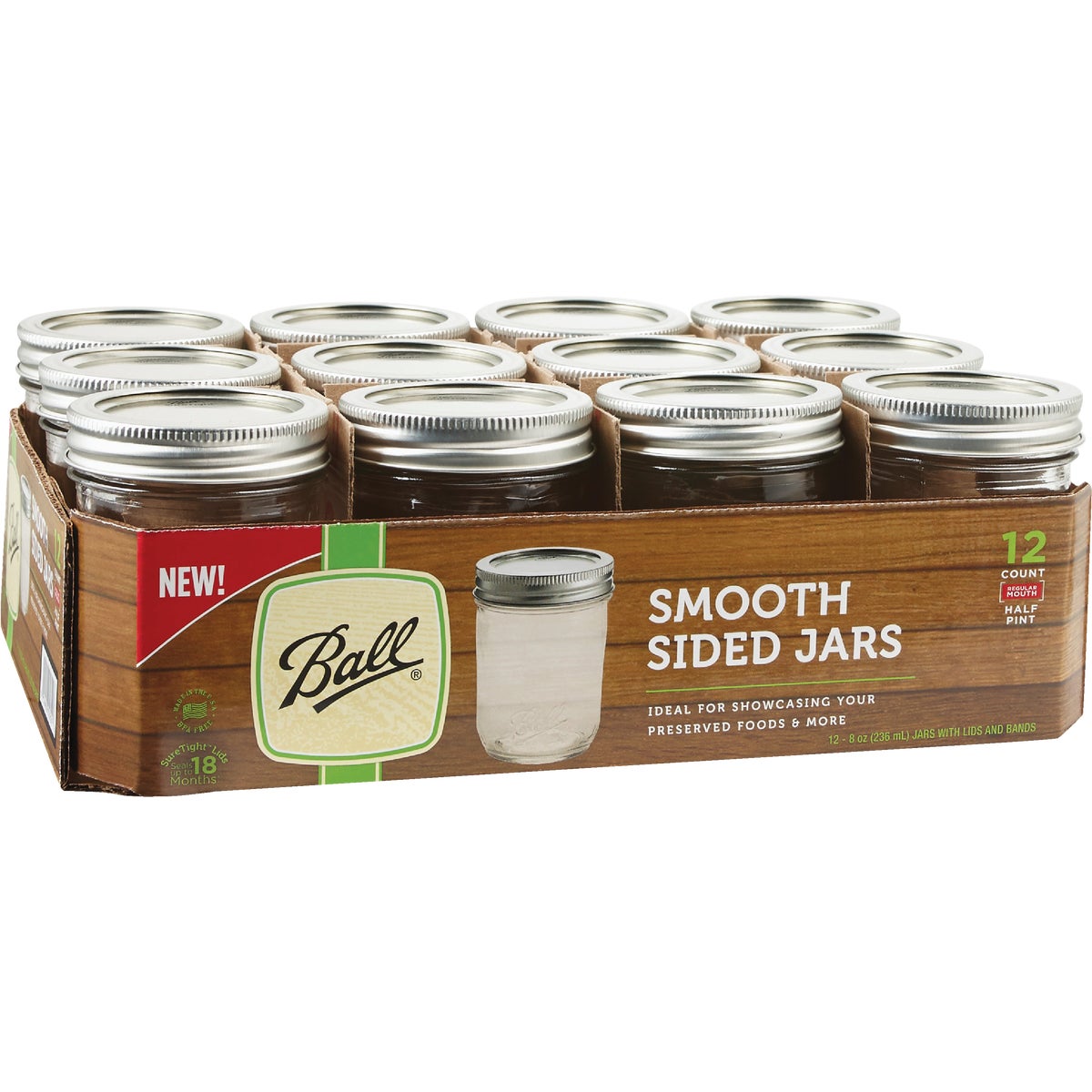 Ball 1/2 Pint Regular Mouth Smooth-Sided Silver Lid Canning Jar (12-Count)