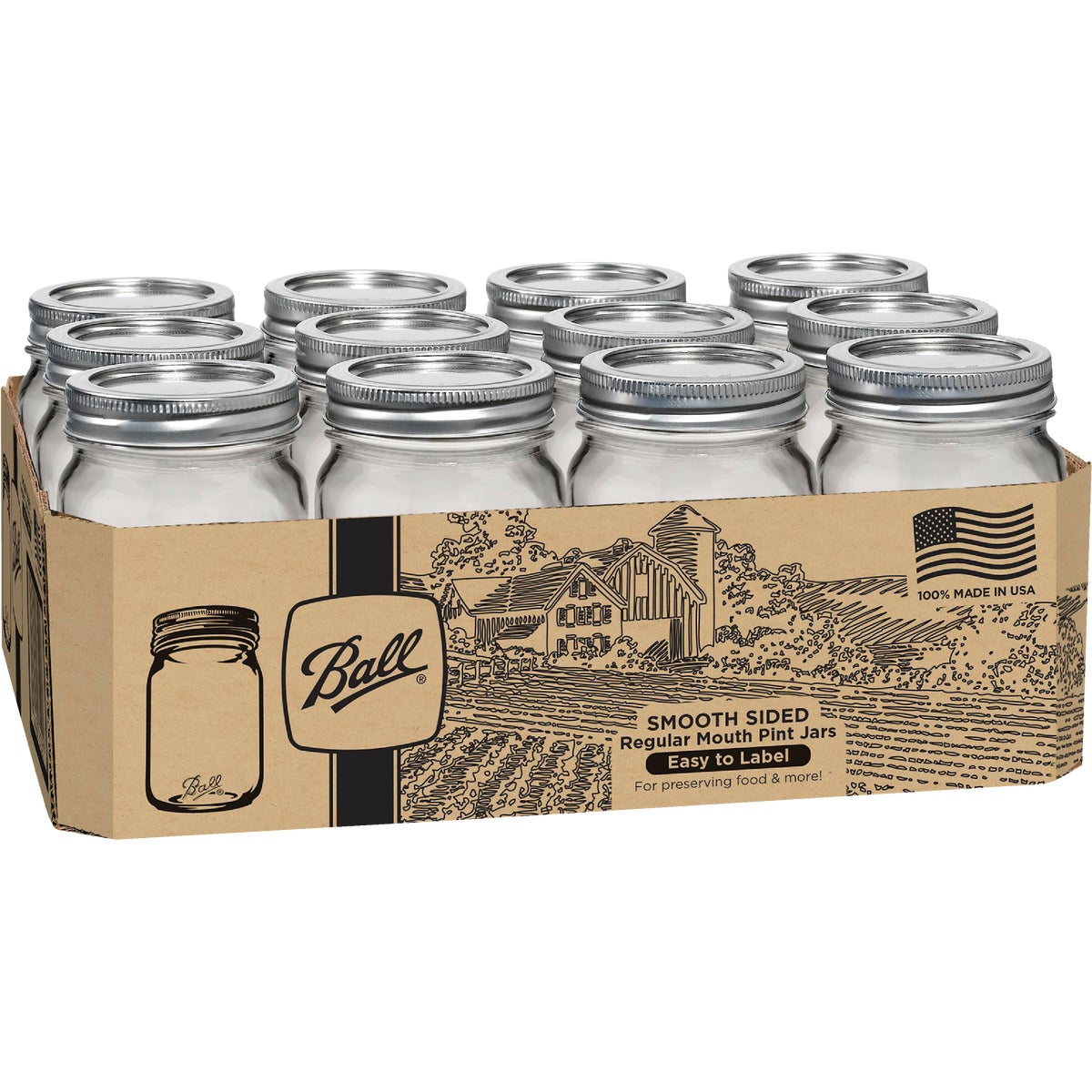 Ball Pint Regular Mouth Smooth-Sided Silver Lid Canning Jar (12-Count)