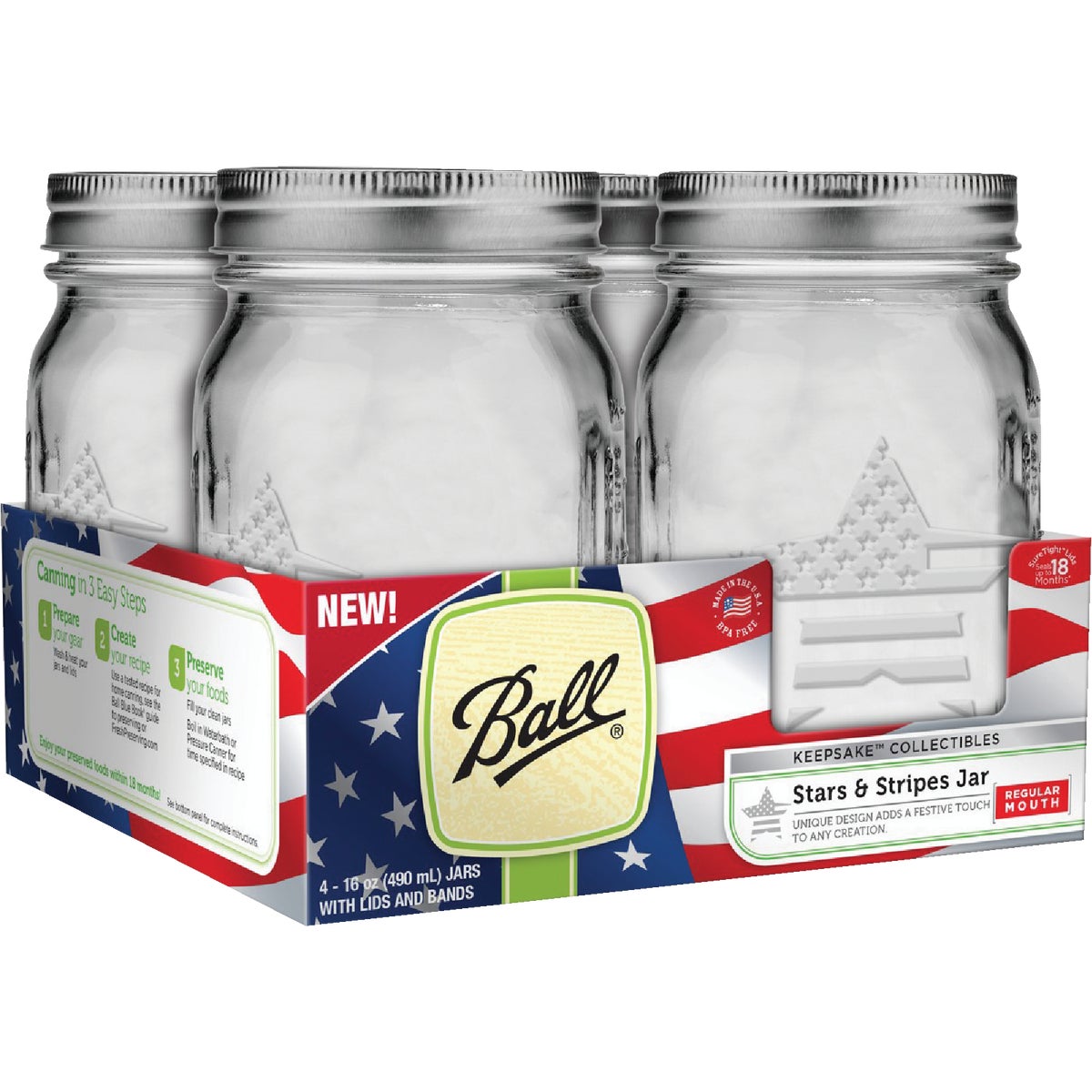 Ball Pint Regular Mouth Stars & Stripes Keepsake Canning Jar (4-Count)