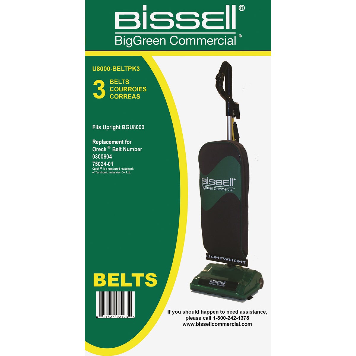 Bissell BigGreen Commercial U8000 Bissell Upright and Oreck Dual Stack Vacuum Cleaner Belt (3-Pack)