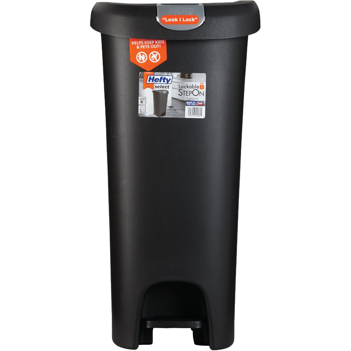 Hefty 12 Gal. Black Lid Lock Step-On Wastebasket