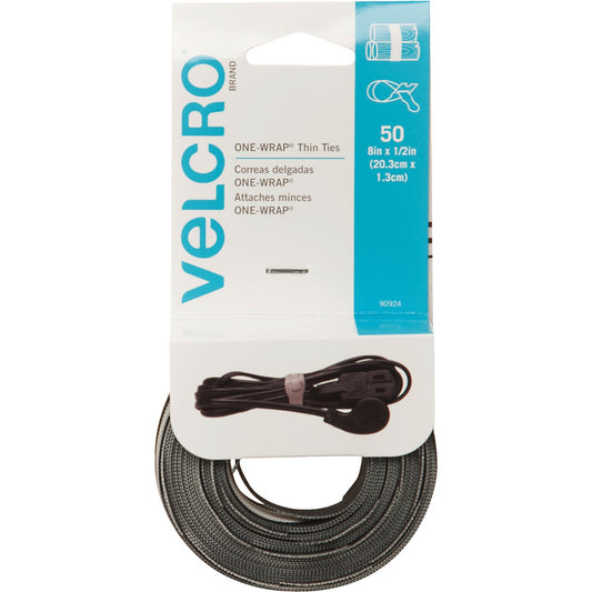 VELCRO Brand One-Wrap 1/2 In. x 8 In. Black Hook & Loop Tie (50 Ct.)