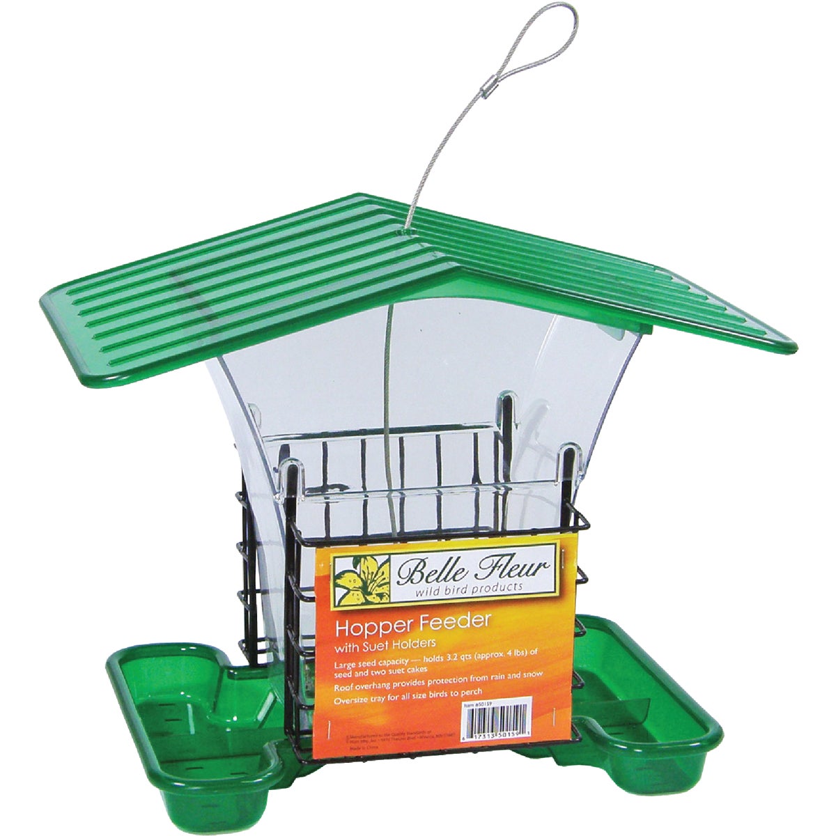 Stokes Select Belle Fleur Green Plastic Covered Hopper Bird Feeder with Suet Holders