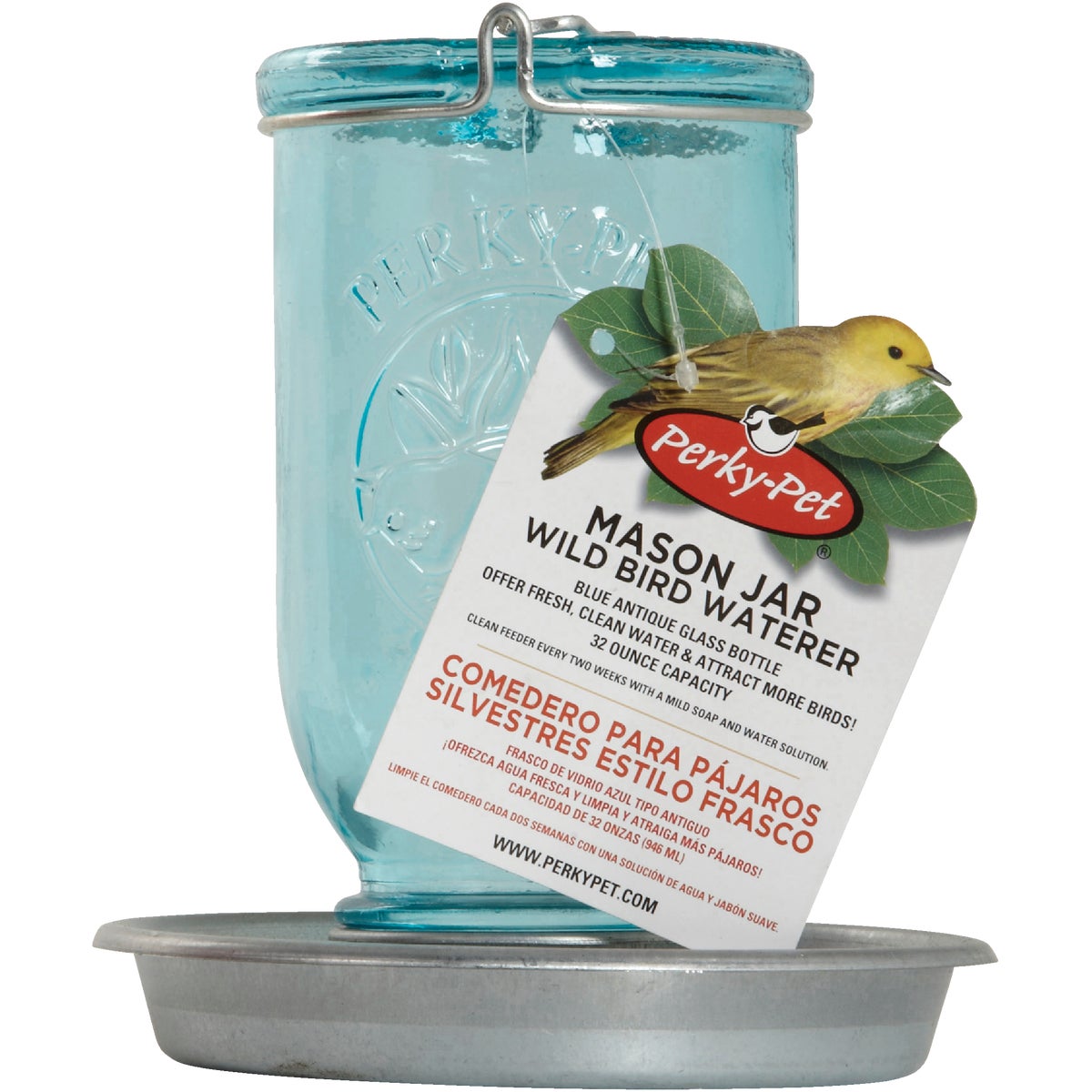 Perky-Pet 32 Oz. Blue Mason Jar Bird Waterer