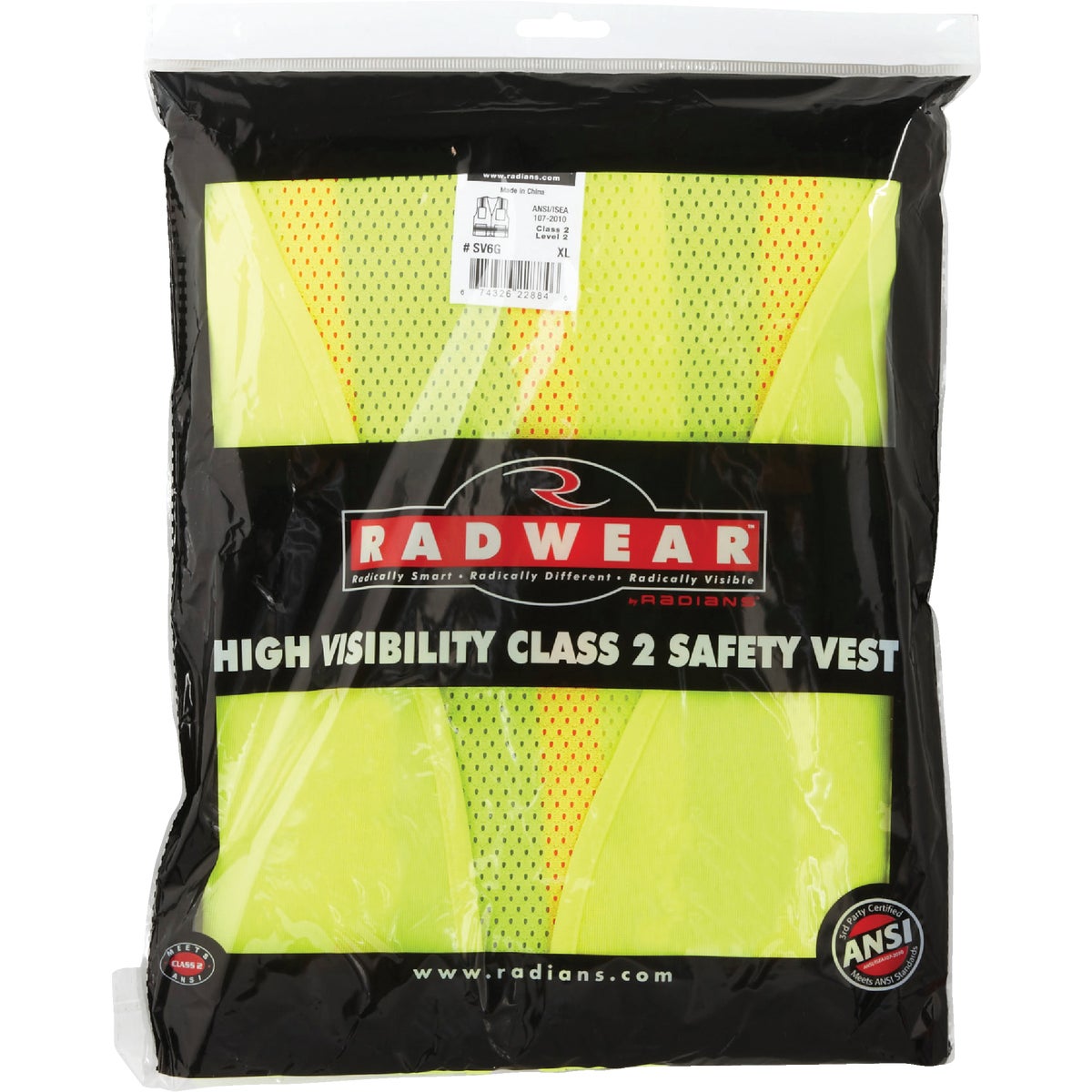 Radians Rad Wear ANSI Class 2 Hi Vis Green Safety Vest XL