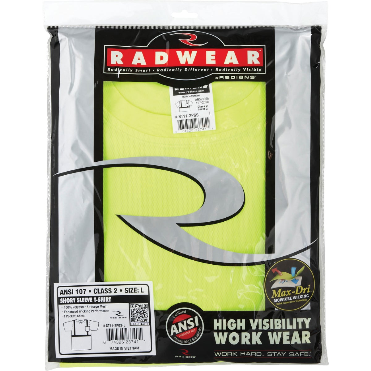 Radians Rad Wear ANSI Class 2 Hi Vis Green Safety T-Shirt Large