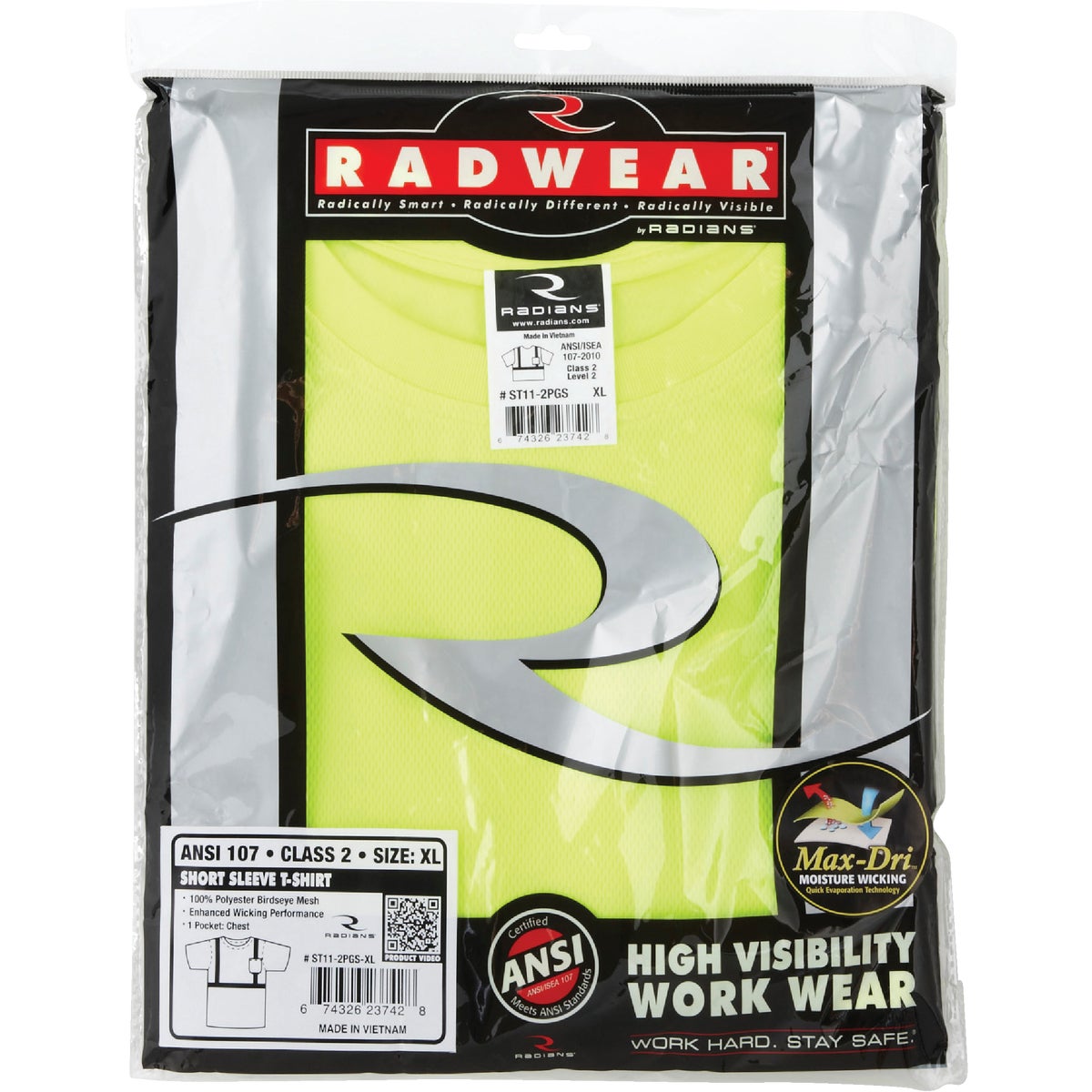 Radians Rad Wear ANSI Class 2 Hi Vis Green Safety T-Shirt XL