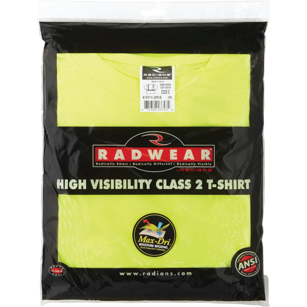 Radians Rad Wear ANSI Class 2 Hi Vis Green Safety T-Shirt 2XL